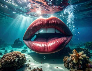 Surreal Underwater Lips with Coral Reef Background