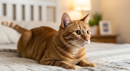 Orange tabby cat lounging on a bed.