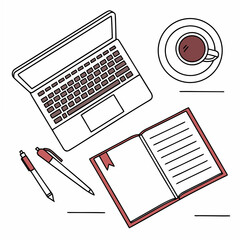Overhead view of a laptop, notebook, pens, and coffee cup on a desk, perfect for illustrating work from home, studying, or creative projects