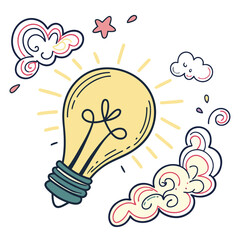 Creative idea concept light bulb with clouds, symbol of creativity, innovation, and inspiration handdrawn vector illustration of a lightbulb