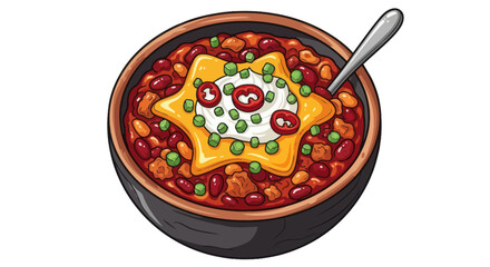 Cartoon illustration of a hearty bowl of chili with a cheese star.