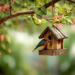 Vibrant Bluebird Perched on Rustic Wooden Birdhouse Hanging from Tree Branch