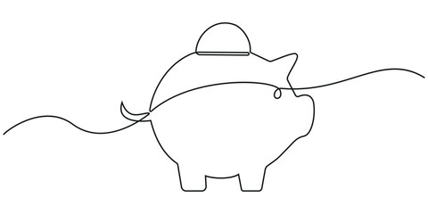 Piggy bank continuous one line drawing. Piggy bank icon one line drawing. Continuous line drawing of piggy bank with dollar coin.
