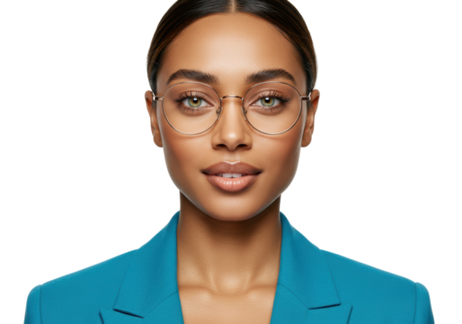 Isolated woman wearing eyeglasses and business jacket smiles brightly, no distractions