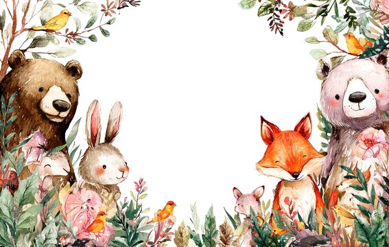 Woodland cartoon Animals watercolor illustration template. Pre made frame for baby shower, birthday invitation kids baby deer, fox in the forest. Cute bear, rabbit and birds. High quality
