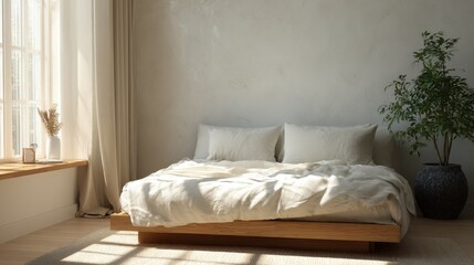 Minimalist Bedroom Interior with Wooden Bed Frame, White Linens, and Natural Light