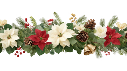 Festive Christmas floral garland with poinsettias, pinecones, and decorative bells. A visual representation of holiday season decorations
