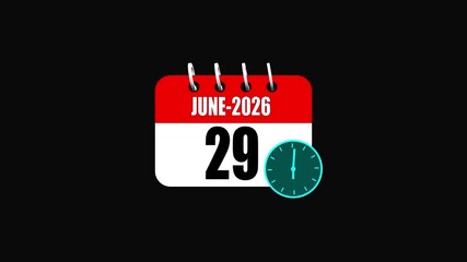 June 2026 Calendar Page Displaying the 29th Day Alongside a Teal Clock date ,4k video .