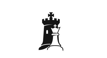 Stylized black rook and white king chess pieces logo.