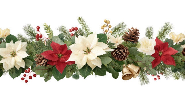 Festive Christmas floral garland with poinsettias, pinecones, and decorative bells. A visual representation of holiday season decorations 