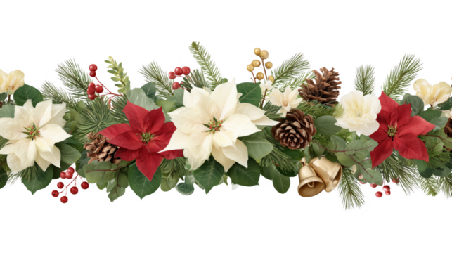 Festive Christmas floral garland with poinsettias, pinecones, and decorative bells. A visual representation of holiday season decorations 