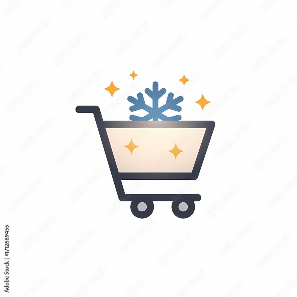 Poster shopping cart with snowflake and sparkles in minimal design