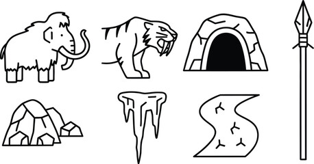 Prehistoric life icons | mammoth, saber tooth tiger, cave, spear and ice age symbols | ancient history outline vector illustration.