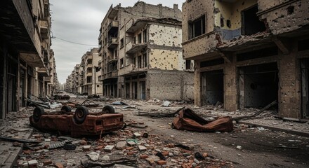 Obraz premium Devastated City Street After War Conflict.