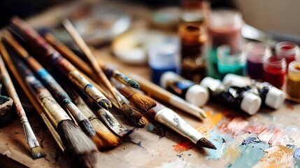 Fototapeta premium Paint brushes and paint tubes on a table in an art studio setting