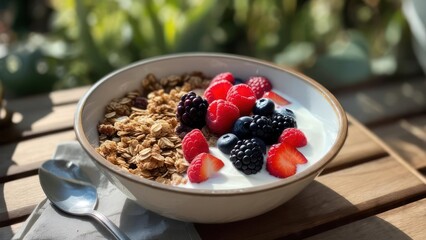 Healthy breakfast bowl with granola, yogurt, and berries