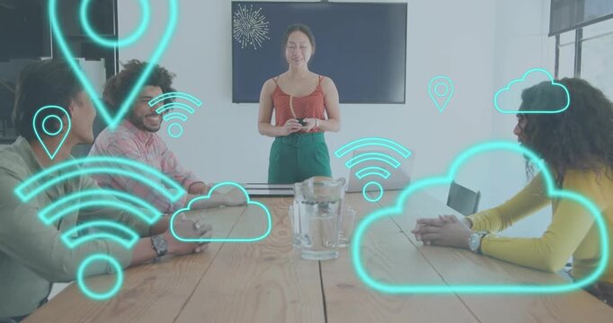 Presenter clicking remote activating holograms announcing achievement tech team applauding, gifting