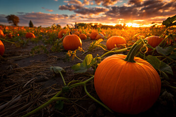 Pumpkin patch on sunny Autumn day. Beautiful fall scene.