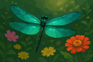 Colorful dragonfly hovering over vibrant flowers in a garden