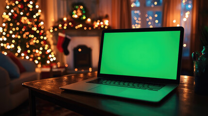 Festive Christmas scene featuring a laptop with a empty green chroma key screen on a wooden desk, surrounded by a decorated tree, stockings, and warm ambient lighting. Mock up, copy space