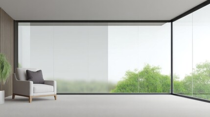 Fototapeta premium Modern living space with floor-to-ceiling windows showcasing greenery, featuring a light gray armchair with wooden legs,