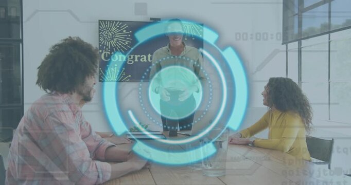 Man entering business meeting presenting certificate as moving fireworks congratulating colleagues - Powered by Adobe