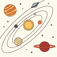 A charming cartoon illustration of the solar system with planets orbiting the sun, , perfect for educational materials or spacethemed designs © dog