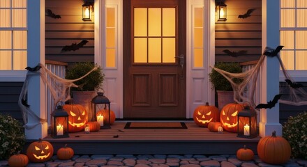 Obraz premium Halloween Porch Decor with Jack-o-Lanterns and Bats.