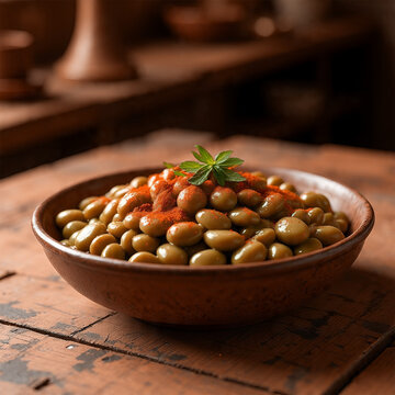 A traditional Egyptian beans dish (ful medames) served hot on a wooden table, topped with fresh greens and a red hot chili pepper for extra flavor. The plate is styled with vegetables on the side, rep