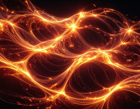 Abstract glowing orange and yellow energy lines forming an intricate network on a dark background. - Powered by Adobe