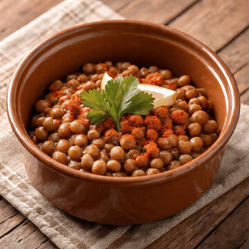 Traditional Egyptian fava beans served in a clay pot, picked up from above on a wooden table. This rustic dish has an authentic Egyptian feel, embodying Middle Eastern breakfast culture and healthy st