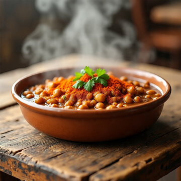A plate of hot Egyptian fava beans (ful medames) served on a wooden table, garnished with fresh greenery for decoration. Captured from a front angle, showcasing the authentic Middle Eastern breakfast 