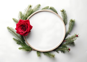 Oval embroidery hoop with red rose and evergreen branches on white background