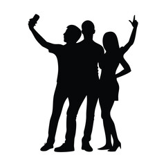 Silhouette of three friends happily taking a selfie together outdoors