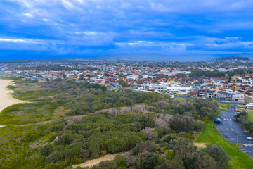 Obraz premium Drone aerial photograph of the coastal town of Warilla in the Illawarra region on the south coast of NSW, Australia.