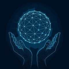 Hands holding a glowing geometric sphere in a digital style on a dark background.