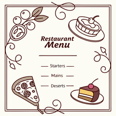 Restaurant menu template with handdrawn illustrations of pizza, cake, and berries, , perfect for showcasing starters, mains, and desserts in a charming and inviting way