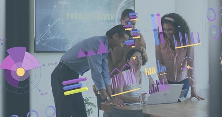 Business analyst opening dashboard on laptop, team leaning viewing charts then celebrating success - Powered by Adobe