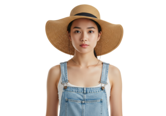 Isolated relaxed woman wearing stylish sunhat and blue denim bib overalls summer fashion