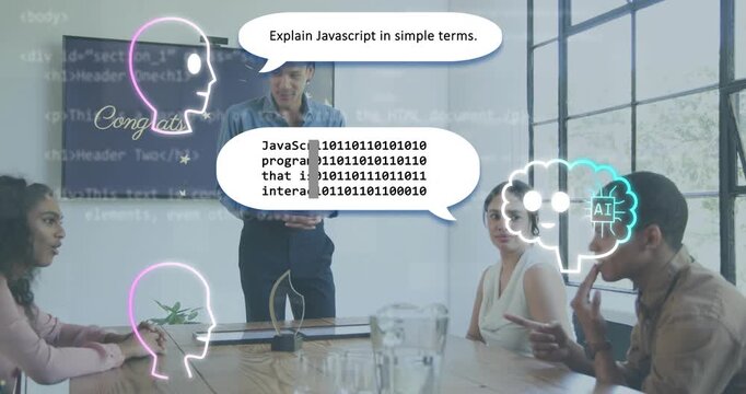 Man standing asking AI head explaining JavaScript demo placing award and brain icon reacting