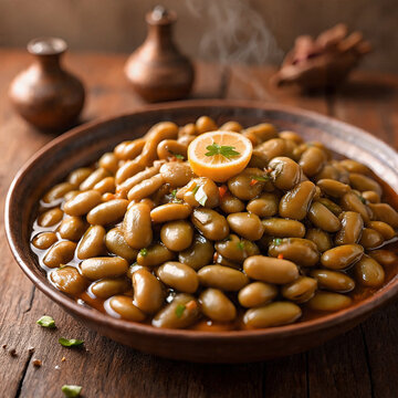 Traditional Egyptian fava beans served in a clay pot topped with lemon, picked from above on a wooden table. This rustic dish has an authentic Egyptian feel, embodying Middle Eastern breakfast culture