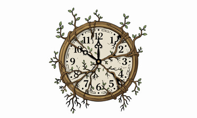 Time Roots
Flat vector of an old round clock stopped, with roots and small plants growing around and through it, symbolic, white background.generative ai