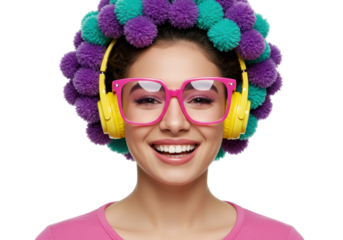 Isolated Smiling young woman with colorful hair accessories and eyeglasses on head