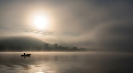 Solitary Boat on Misty Lake at Sunrise.