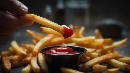 Hand dipping french fry in ketchup