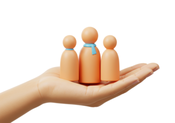 Isolated Family Group in Hand Concept with Parent and Two Children Render on Palm Symbolizing Care