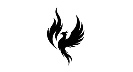 Stylized black phoenix bird rising with fiery wings and tail feathers.