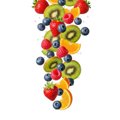Vibrant fresh fruit mix falling concept delicious healthy berries kiwi orange slices appetizing transparent background