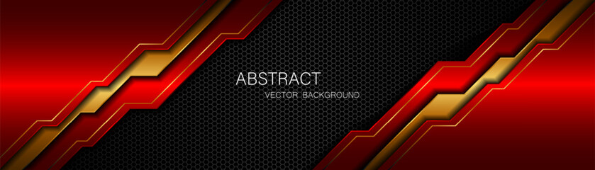 Abstract red and gold polygon with golden lines on dark steel mesh background with empty space for design. modern technology innovation concept background	