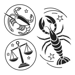 Zodiac signs vector illustration astrological symbols of cancer, scorpio, and libra in minimalist style horoscope signs for tattoo or logo design